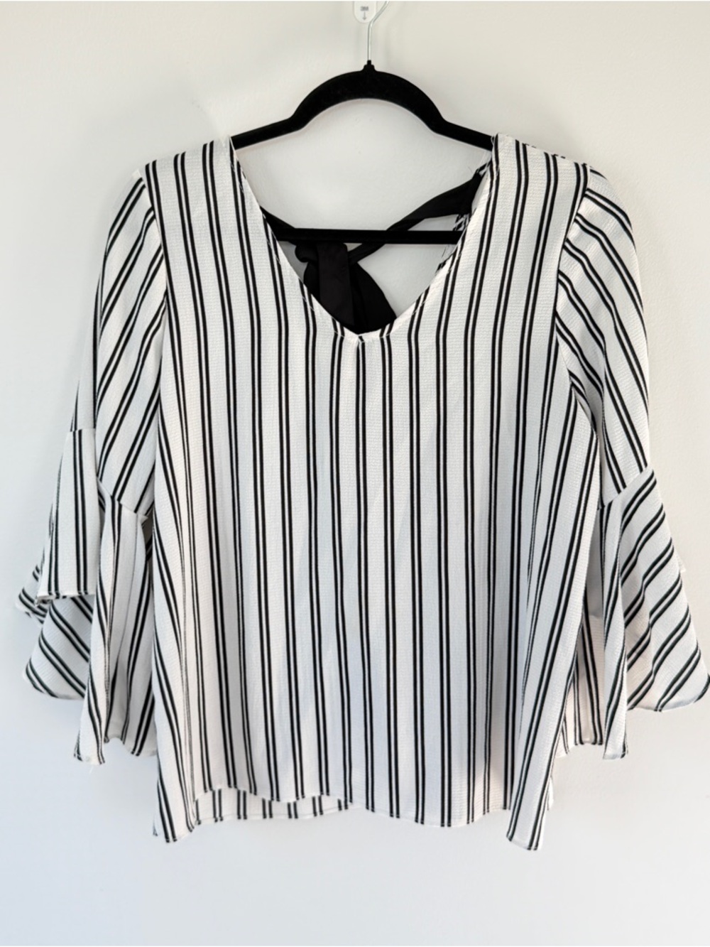 Striped Black & White V-Neck Women’s Top with Back Tie on back